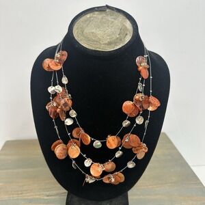 Vintage Wispy Demure Shell Multi Strand Necklace Dyed Shells Orange Tone Beaded